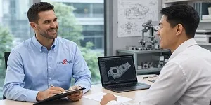 Engineering recruiter interviewing entry-level CAD engineer candidate in professional office with Tier2Tek branding