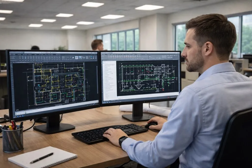 CAD designer using AutoCAD with engineering blueprints on dual monitors in office
