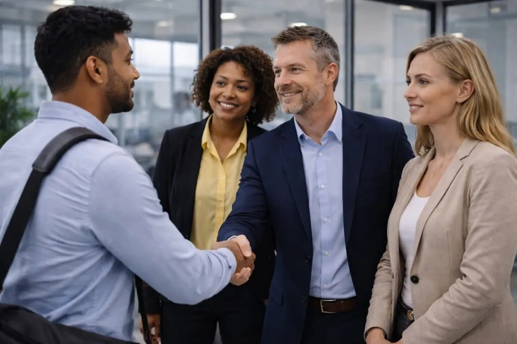 Hiring managers welcoming a new CAD designer during onboarding in a corporate office setting at Tier2Tek Staffing