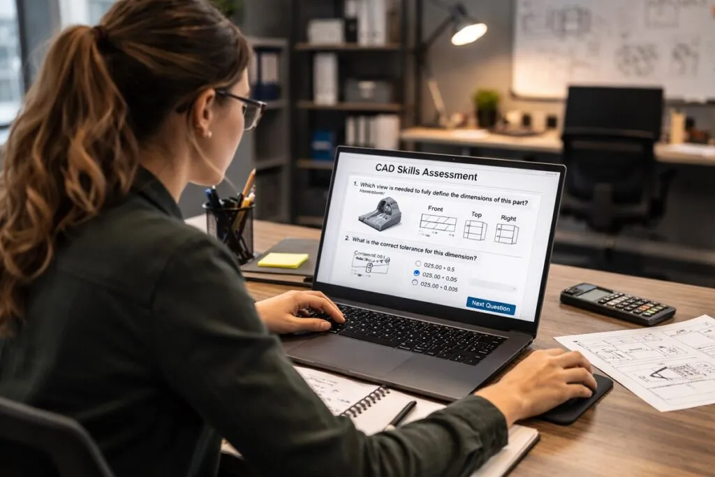 Female CAD designer candidate completing a CAD skills assessment on a laptop during technical screening by Tier2Tek Staffing