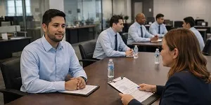 Entry-level IT candidate in professional interview for high-volume staffing process