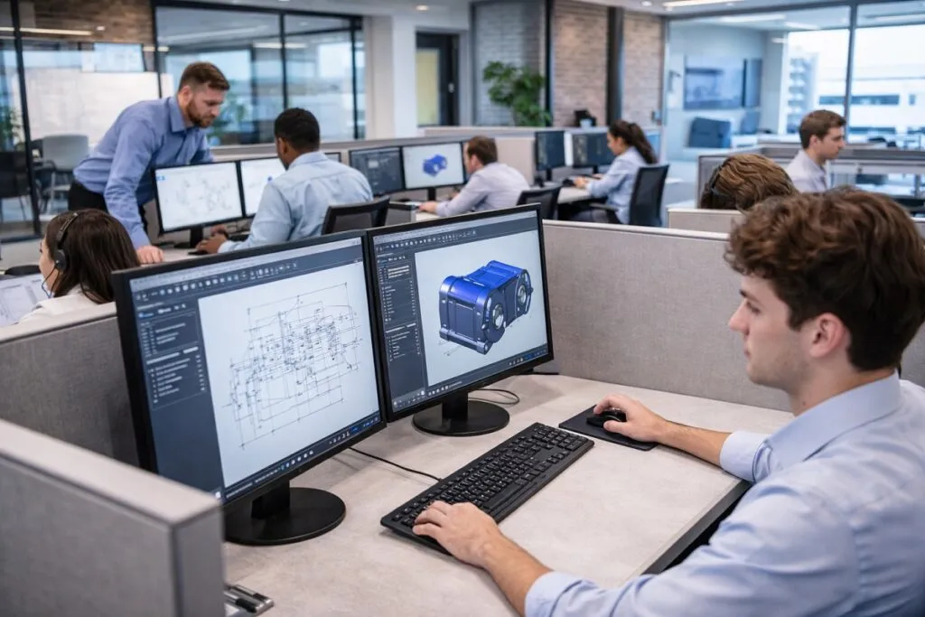 CAD technicians using large dual monitors for AutoCAD drafting and 3D modeling in engineering office