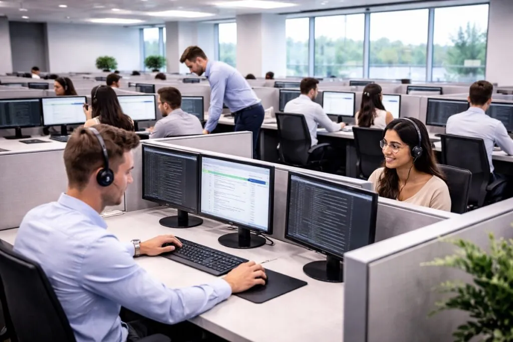 IT support team working in cubicles with dual monitors handling technical support tickets
