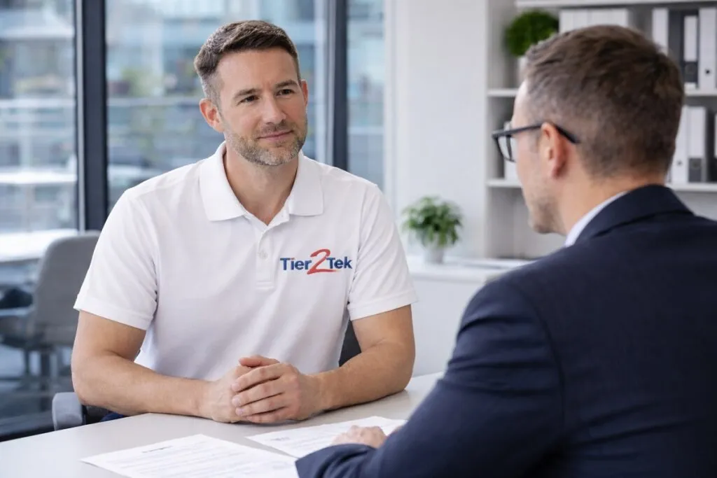 IT staffing recruiter from Tier2Tek meeting with hiring manager to discuss technology and engineering talent.