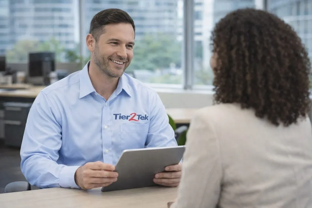 Tier2Tek technical recruiter meeting with a business client to discuss direct-hire staffing solutions.