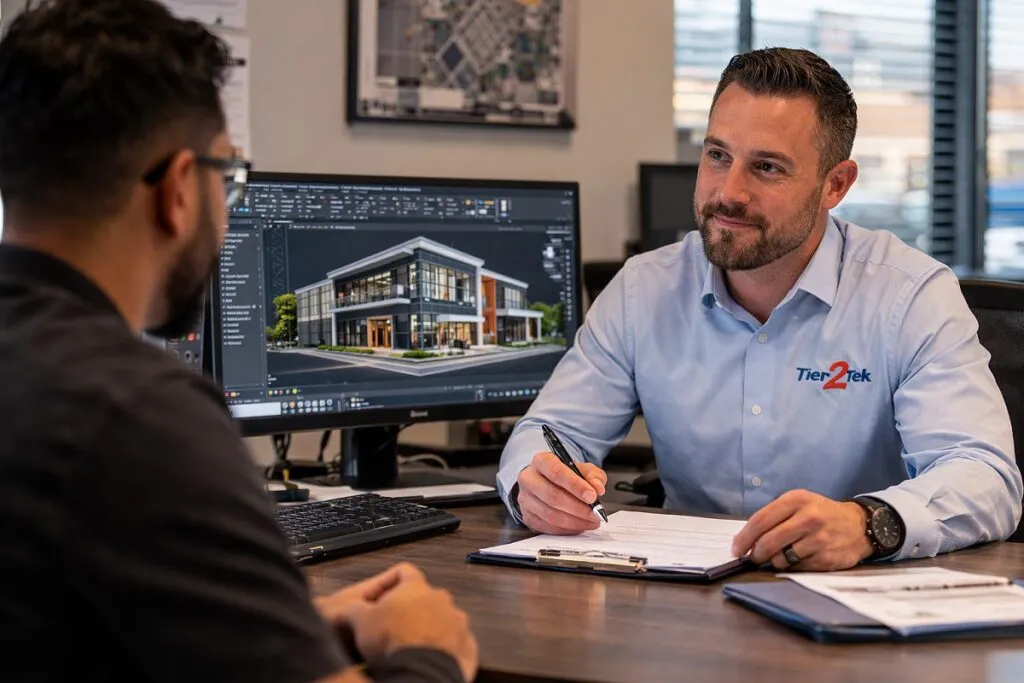 Tier2Tek recruiter interviewing a CAD drafter in a corporate office with architectural CAD design on screen.
