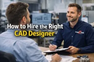 Recruiter from Tier2Tek Staffing interviewing a CAD designer in a professional office setting about how to hire the right CAD designer