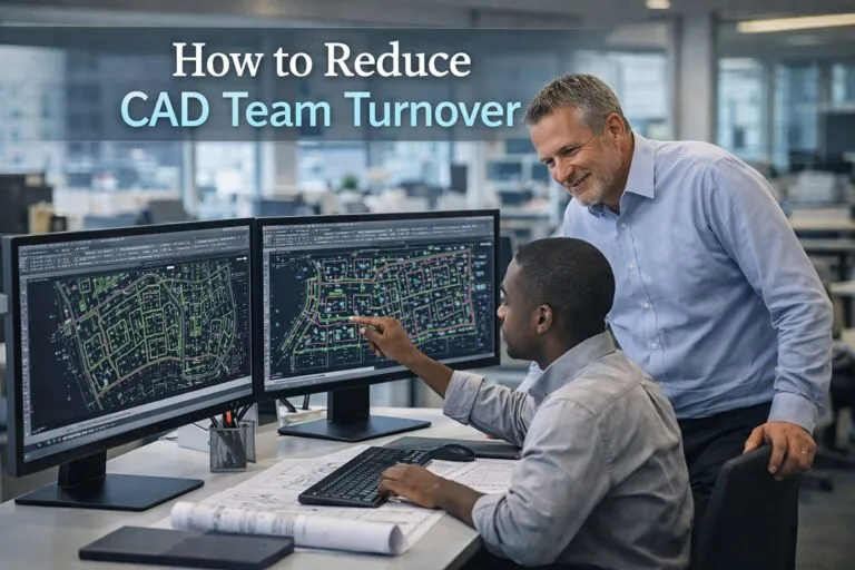 Reduce CAD team turnover with manager reviewing AutoCAD housing plans with employee in office