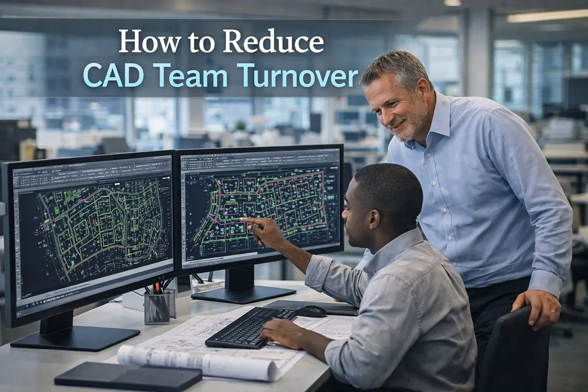 Reduce CAD team turnover with manager reviewing AutoCAD housing plans with employee in office