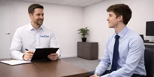 IT recruiter interviewing entry-level IT support candidate in professional office setting