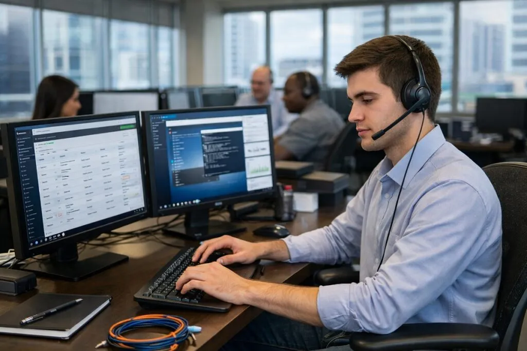 Entry-level IT support specialist working at dual monitors in a modern corporate office with ticketing system on screen