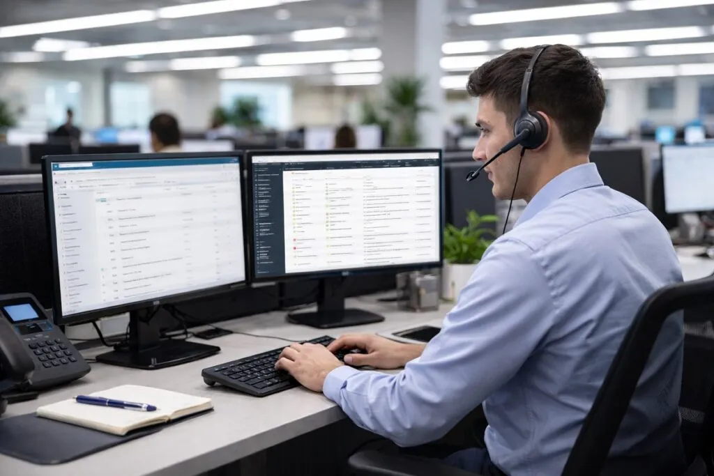 IT support technician working at a service desk with dual monitors showing email and ticketing system in an enterprise office environment