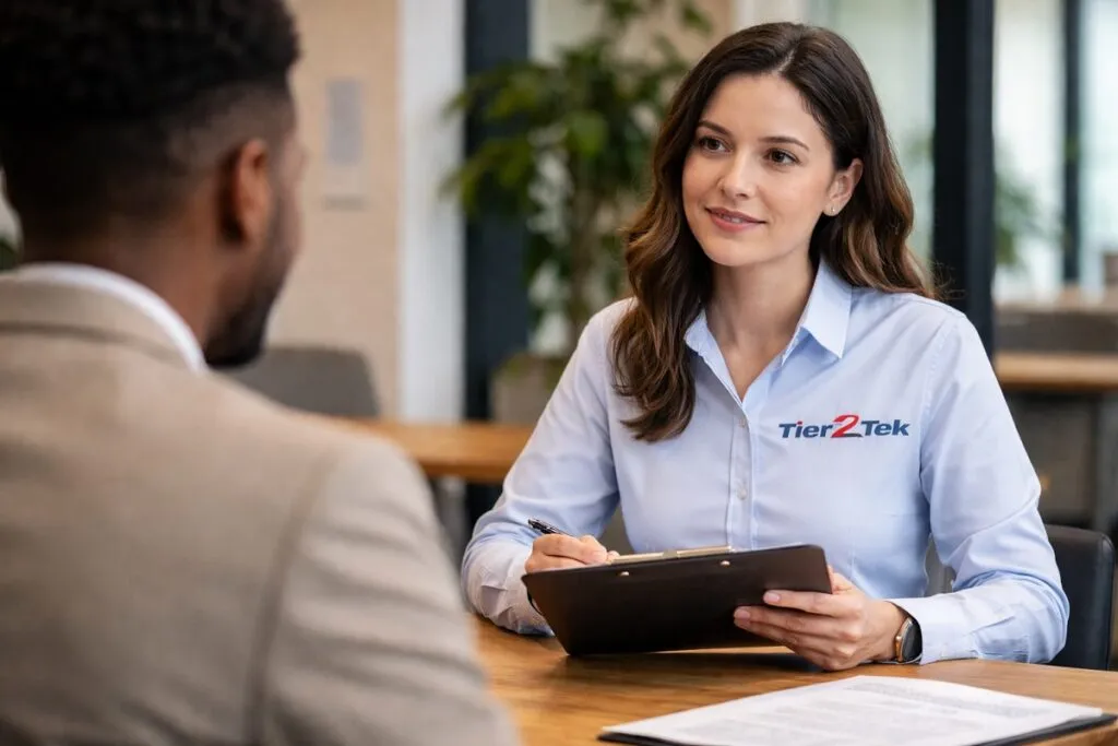 Tier2Tek recruiter conducting one on one job interview with candidate in professional office