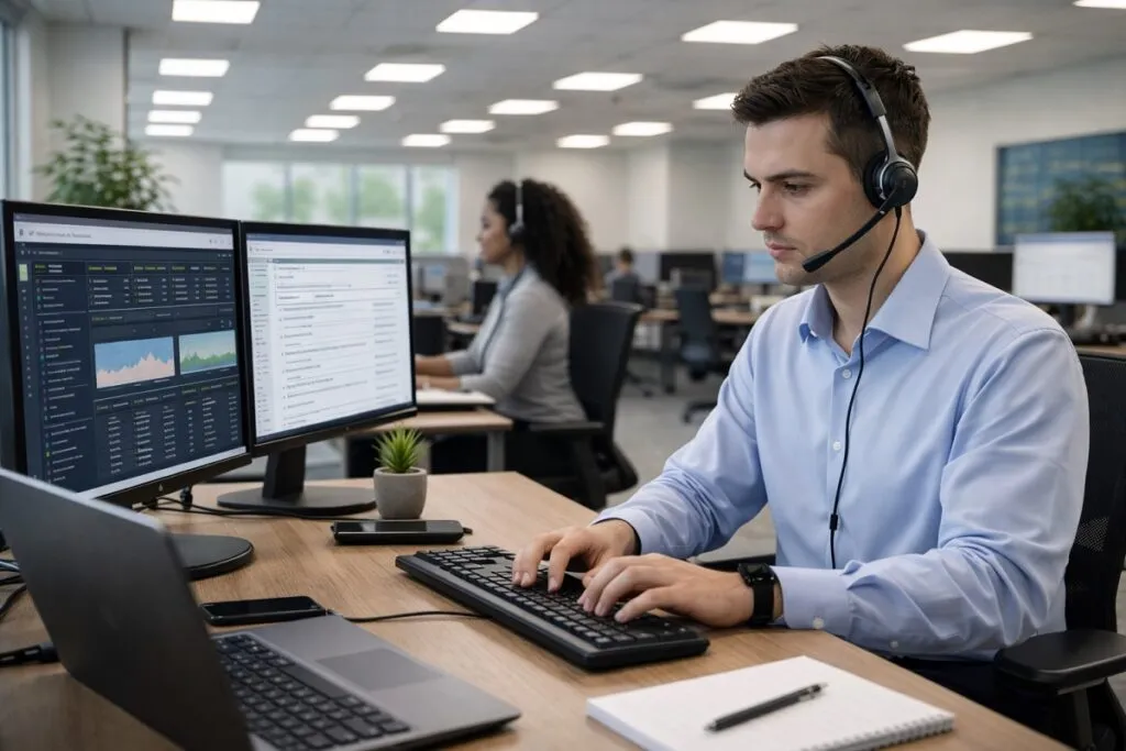 IT support technician working at service desk with dual monitors in corporate office