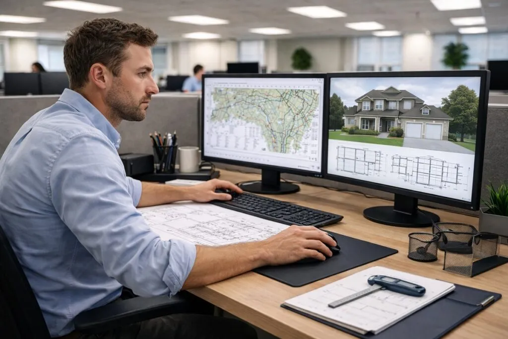 CAD designer reviewing land survey and home building plans on dual monitors in office