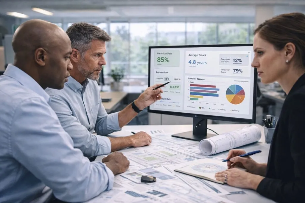 HR team analyzing CAD team retention metrics and turnover data on dashboard in corporate office