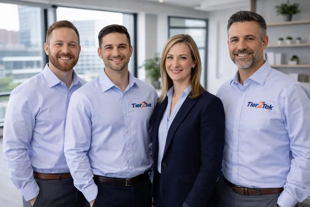 Tier2Tek recruiting team in office wearing branded business professional attire