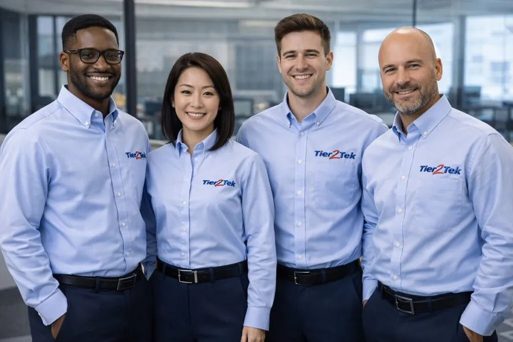 Tier2Tek staffing recruiters in professional business casual attire with branded shirts in corporate office