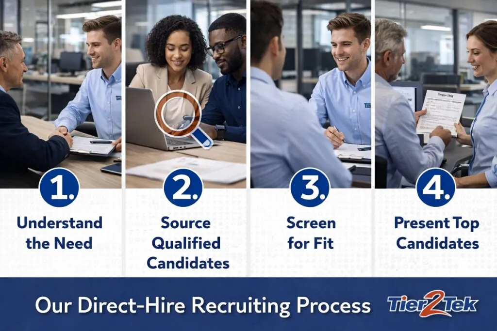 Direct hire recruiting process infographic showing candidate sourcing, screening, and placement steps