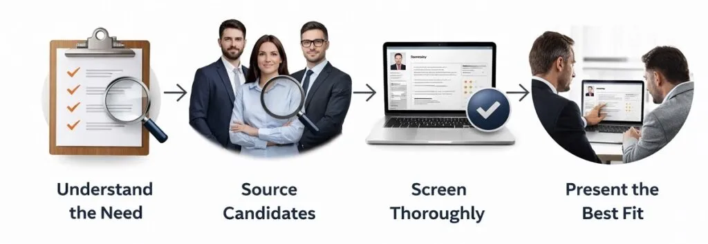 Direct hire recruiting process infographic with sourcing screening and candidate presentation steps
