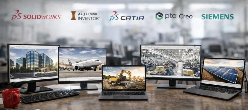 Engineering workstations displaying 3D CAD models used in architecture, manufacturing, construction, and energy industries.