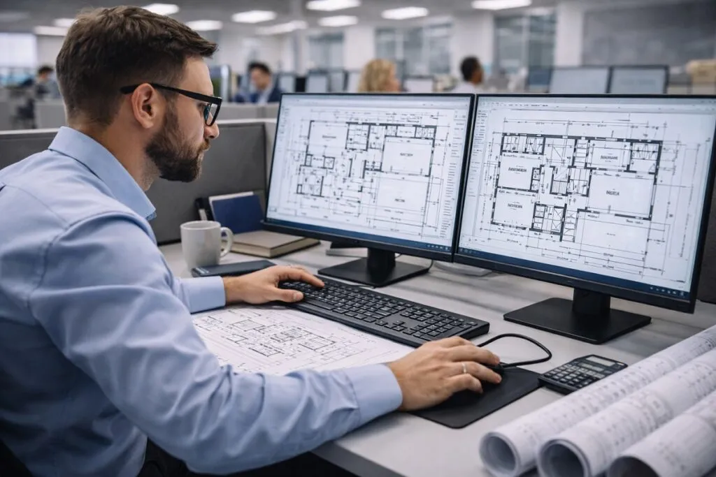 CAD designer reviewing residential floor plans on dual monitors in office environment