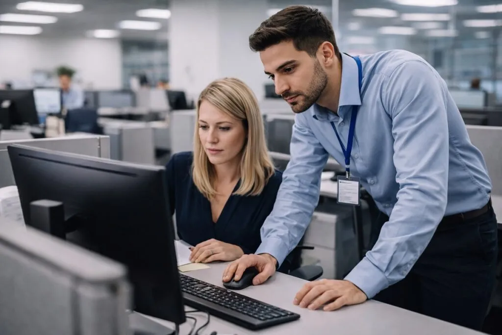 IT support technician assisting employee at desk in office environment for direct hire IT support hiring