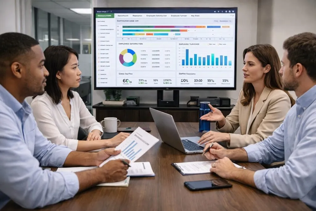 HR team reviewing hiring metrics and workforce data on dashboard during meeting