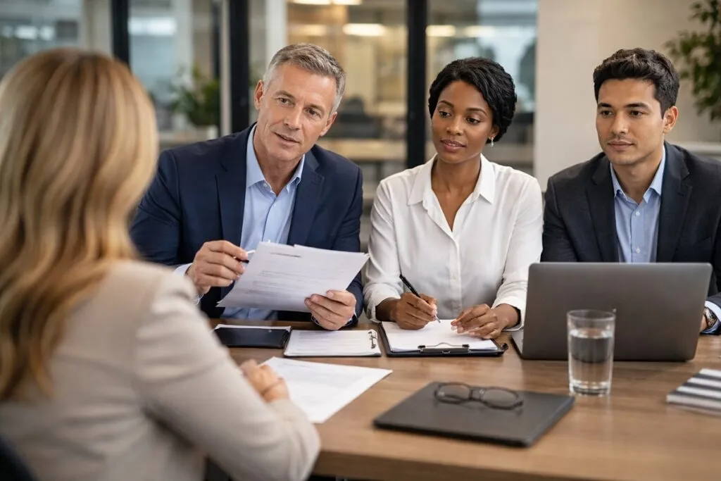 Direct hire interview process reducing hiring risk HR team evaluating candidate