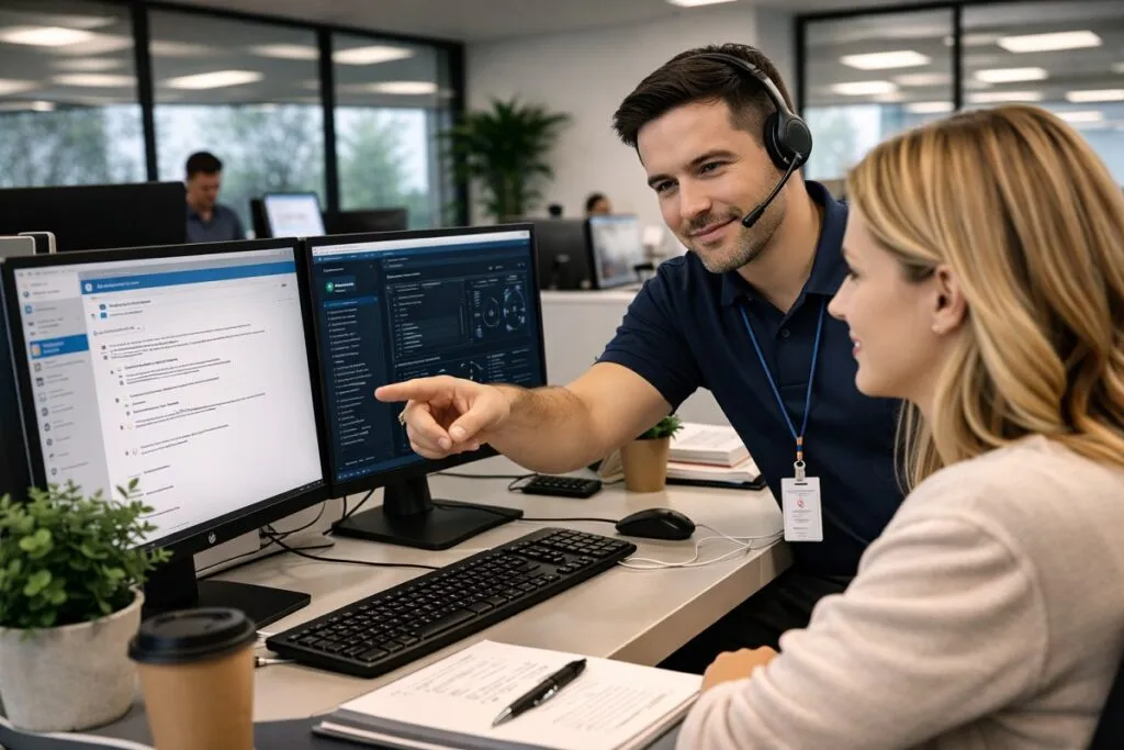 IT support professional assisting user at help desk in corporate office