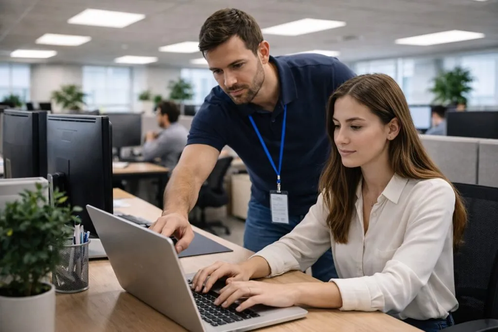 IT support technician assisting employee with laptop troubleshooting in office environment