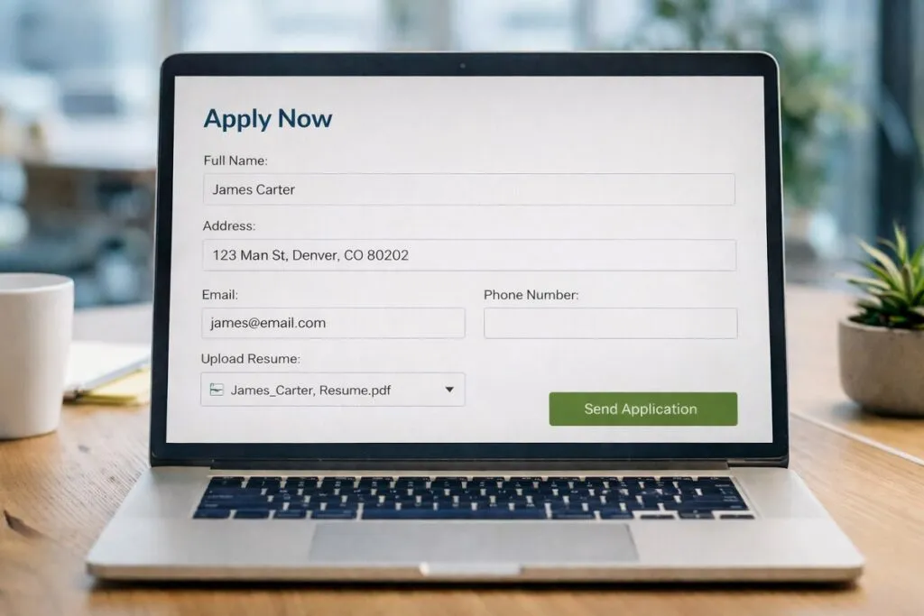 Simple online job application form showing name email phone address and resume upload fields