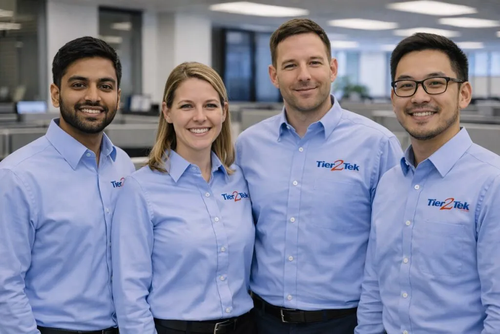 Tier2Tek staffing team in clean branded collared shirts standing in professional office environment