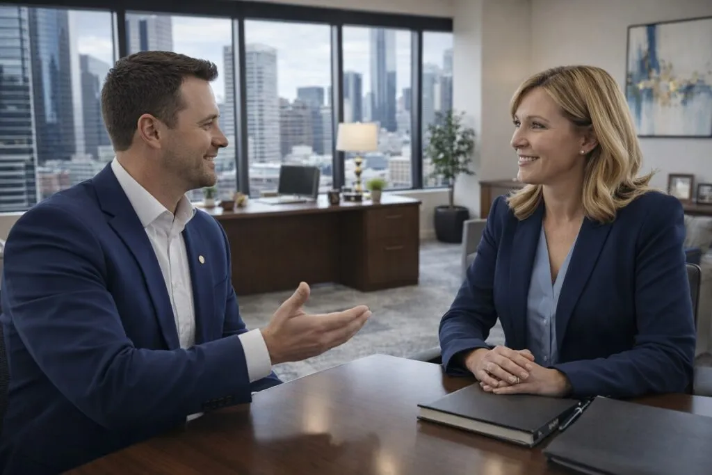 Tier2Tek recruiter meeting with HR director in a modern office discussing direct-hire staffing solutions