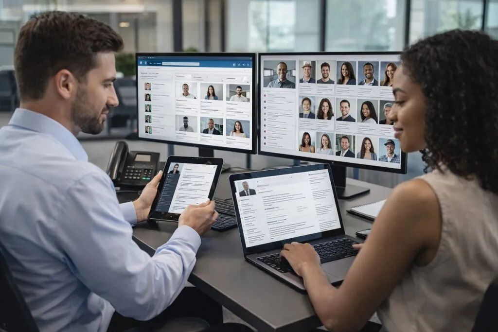 Direct hire sourcing strategy HR professionals reviewing candidate profiles in office