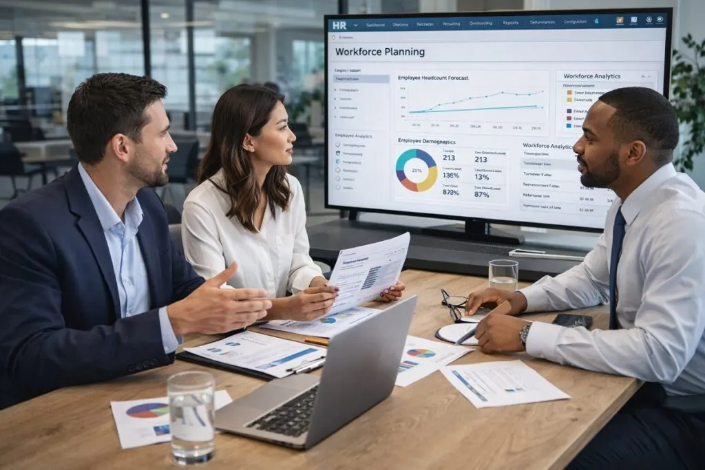 Direct hire workforce planning HR team reviewing HR software dashboard