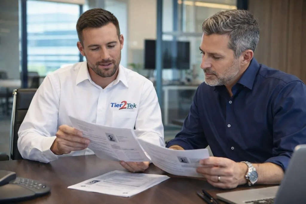 Tier2Tek recruiter reviewing candidate resumes with employer during technical hiring discussion