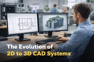 Engineer using dual monitors showing 2D CAD floor plan and 3D building model illustrating the evolution of 2D to 3D CAD systems