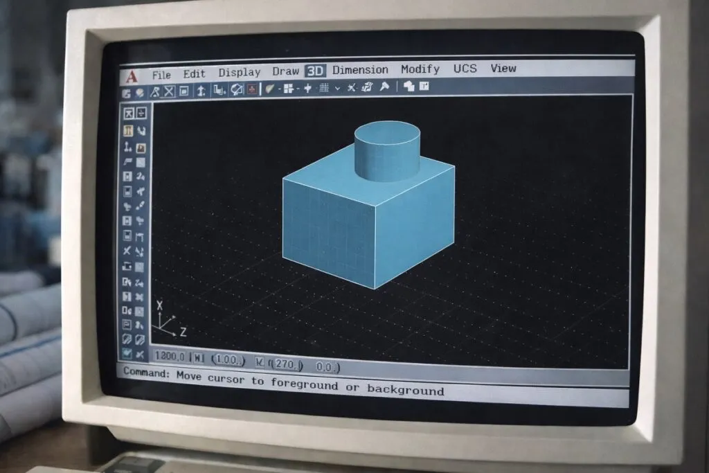 Early 3D CAD modeling interface on a vintage computer showing basic solid model design