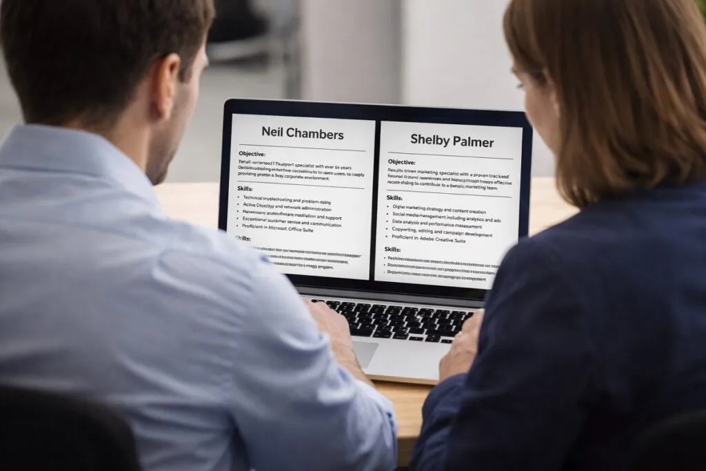 Recruiter and HR manager reviewing candidate resumes on laptop during direct hire staffing process