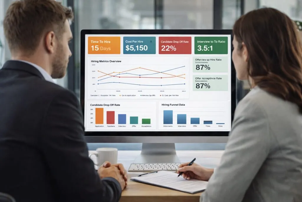 Recruitment analytics dashboard tracking hiring metrics and hiring funnel performance