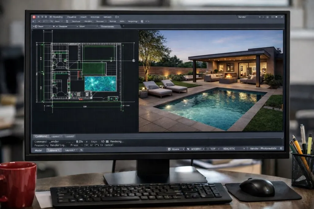 AutoCAD screen showing 2D floor plan and realistic 3D backyard pool rendering used in architectural visualization.