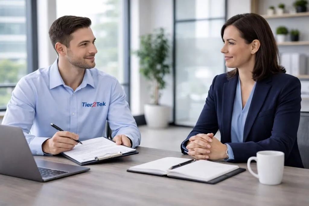 Tier2Tek recruiter meeting with HR director discussing direct hire staffing needs