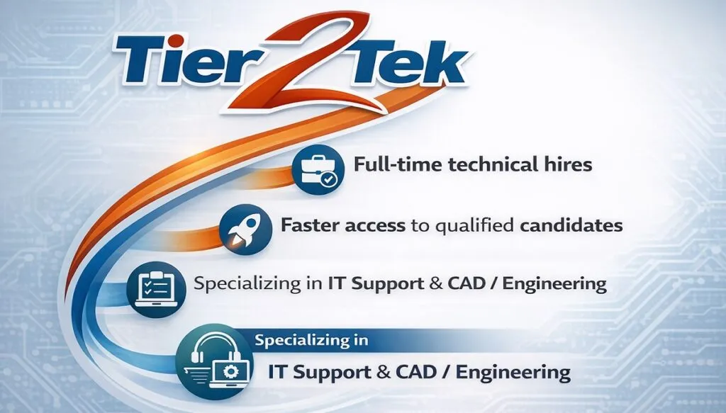 Tier2Tek Staffing solutions graphic highlighting direct hire technical recruiting and faster access to qualified candidates