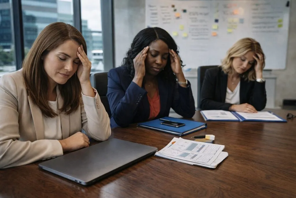 HR team reviewing workload in office showing early signs of recruiting burnout in direct hire hiring