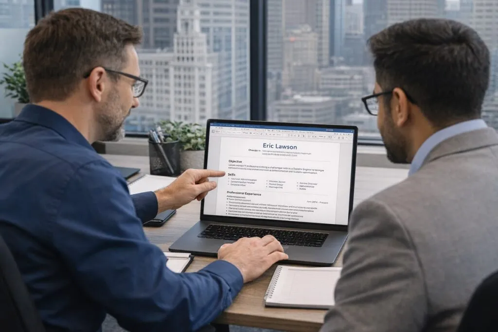 Tier2Tek recruiter and hiring manager reviewing IT resume on laptop in Chicago office setting