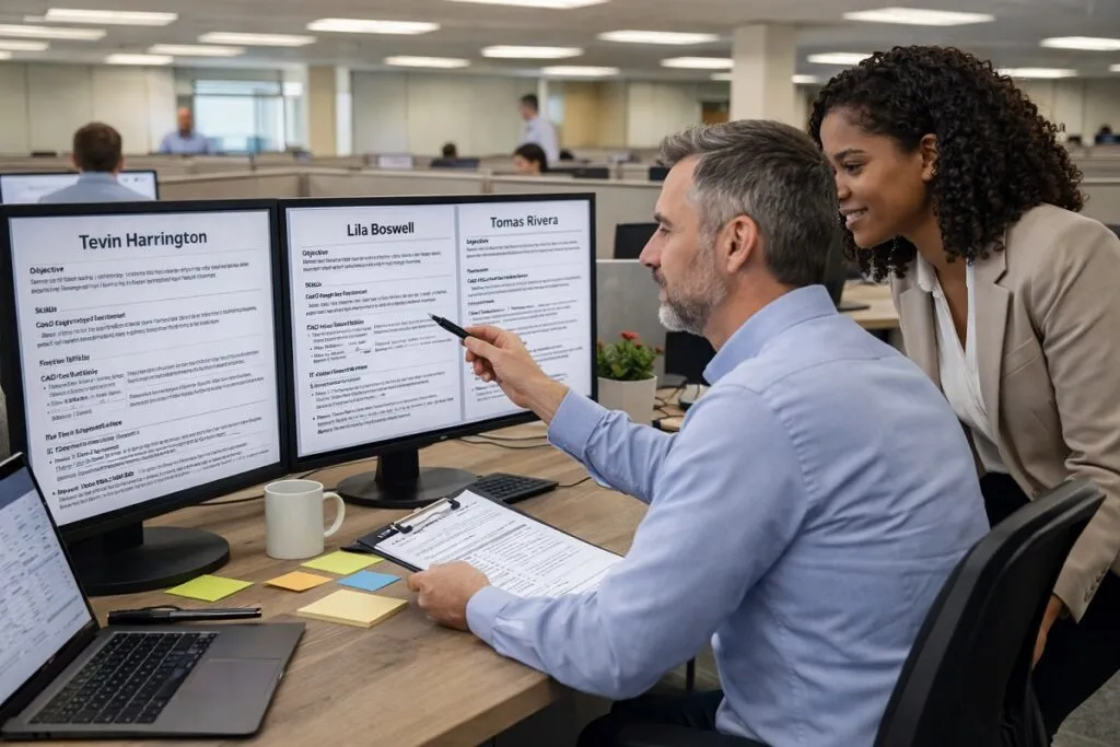 Hiring managers reviewing candidate resumes on screens to assess culture fit in CAD and IT hiring