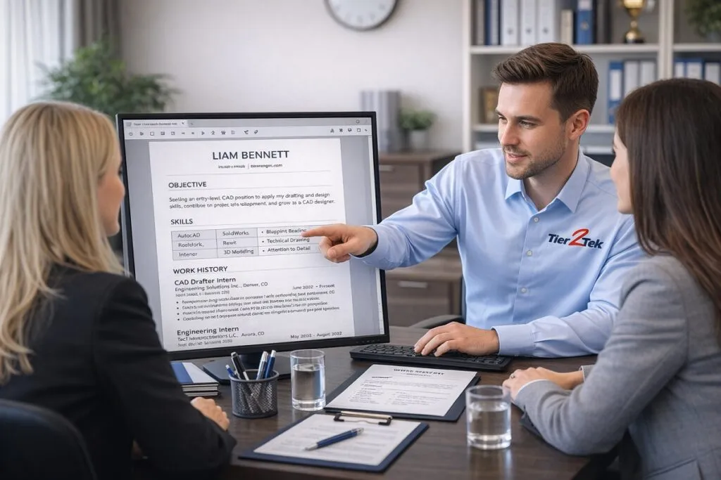 Tier2Tek recruiter reviewing CAD candidate resume with two HR professionals in office