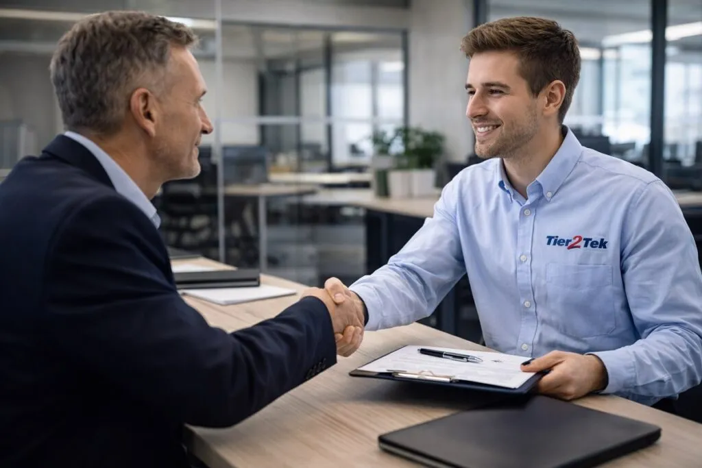 Tier2Tek recruiter meeting with employer and shaking hands during hiring discussion in corporate office