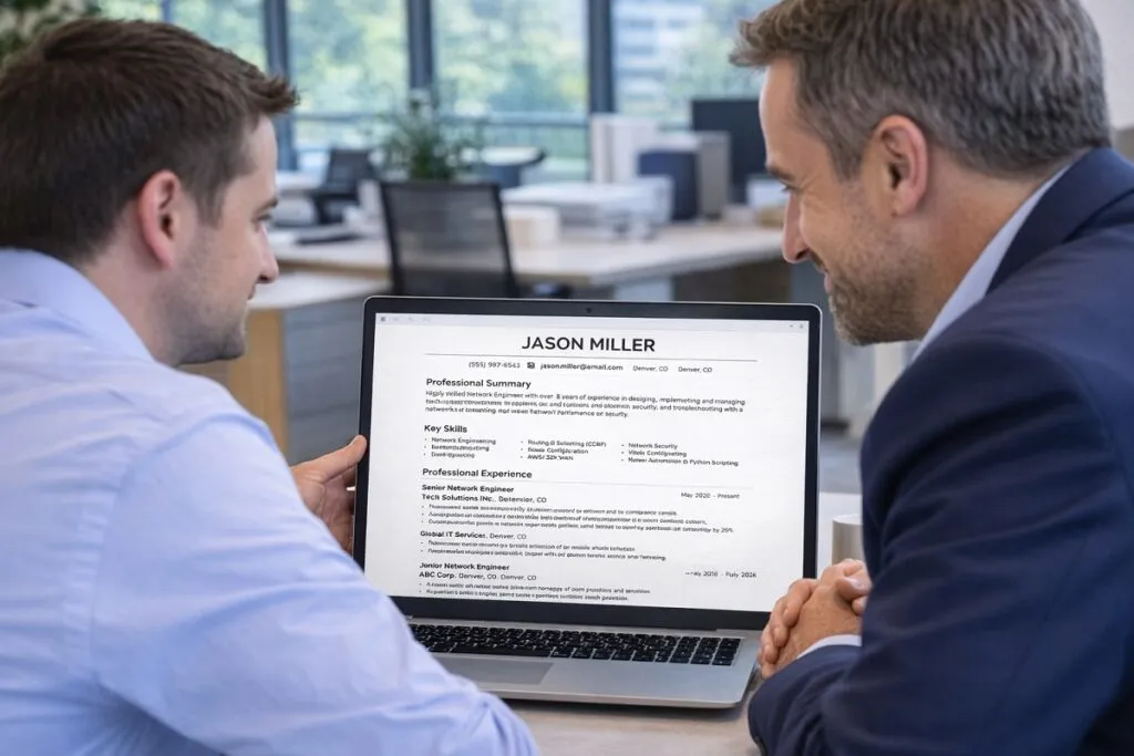 Tier2Tek recruiter presenting IT candidate resume to hiring manager during direct hire staffing meeting